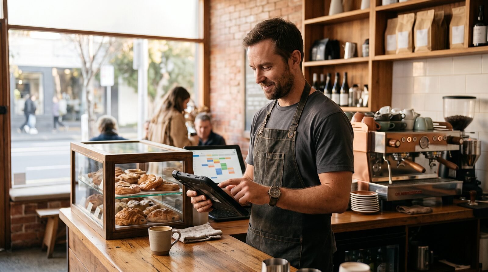 Australian cafe owner in an apron using a tablet behind a timber counter to plan staff rosters in the early morning