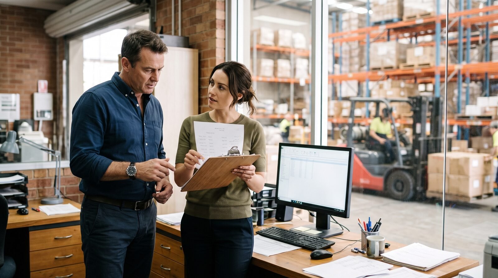 Two Australian business people in a small warehouse office reviewing a clipboard of timesheets beside a desktop monitor