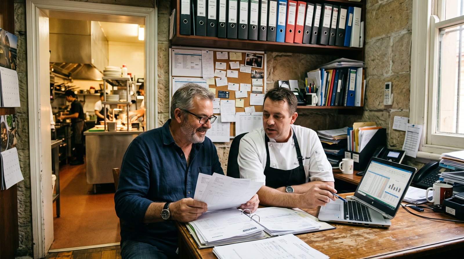 Australian restaurant owner and head chef going through a pile of supplier invoices and a laptop spreadsheet in the back office of a Sydney restaurant, kitchen visible through the doorway
