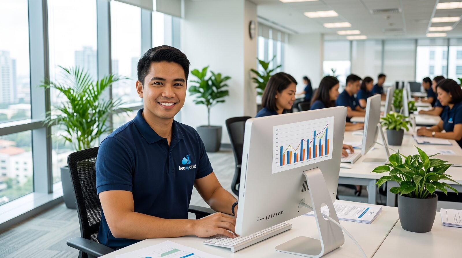 A FreeMyCloud graduate accountant in the navy freemycloud polo working at a PC in the open-plan Manila office