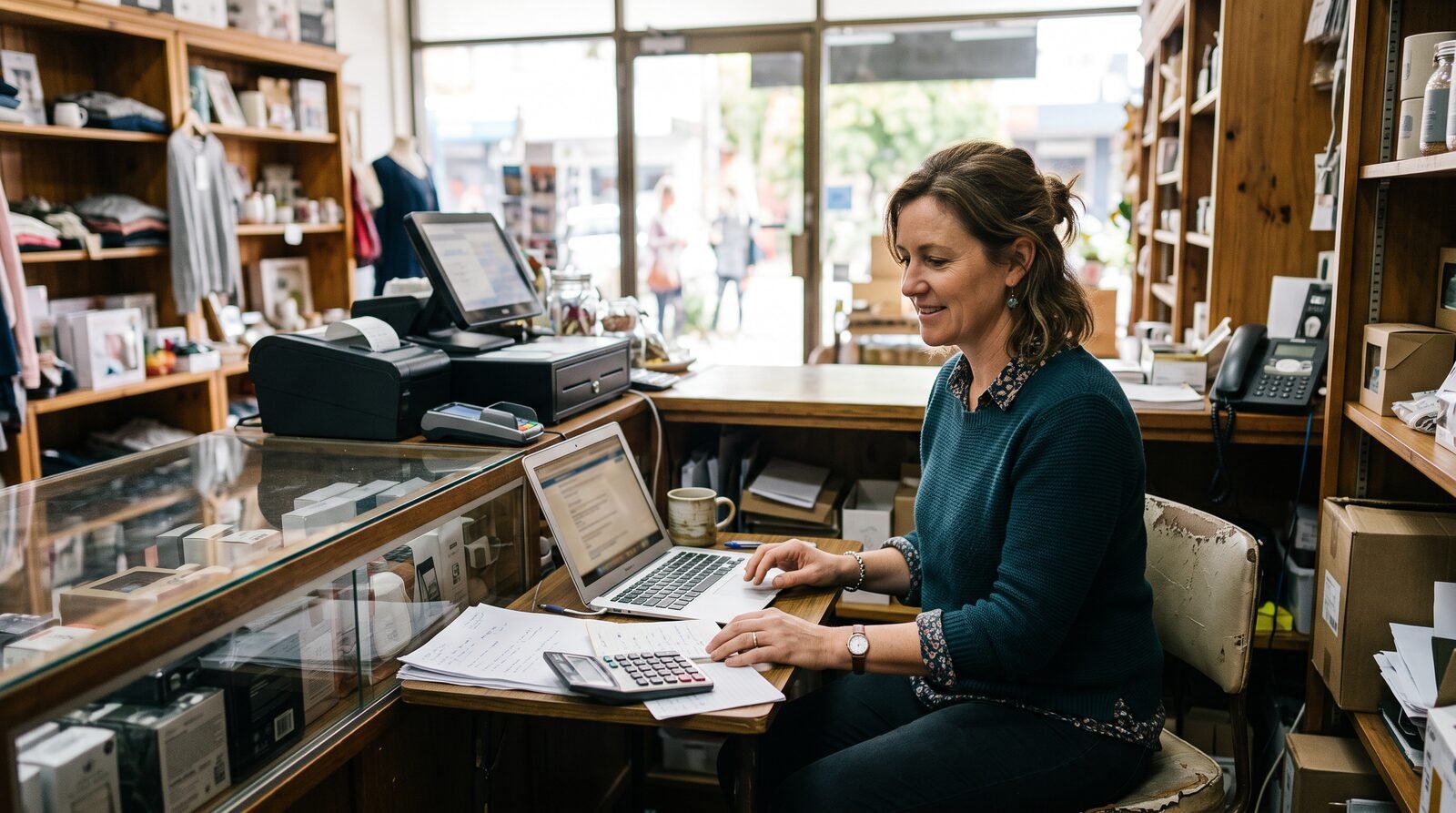 Australian retail shop owner working at a laptop at a small back-office desk behind the shop counter