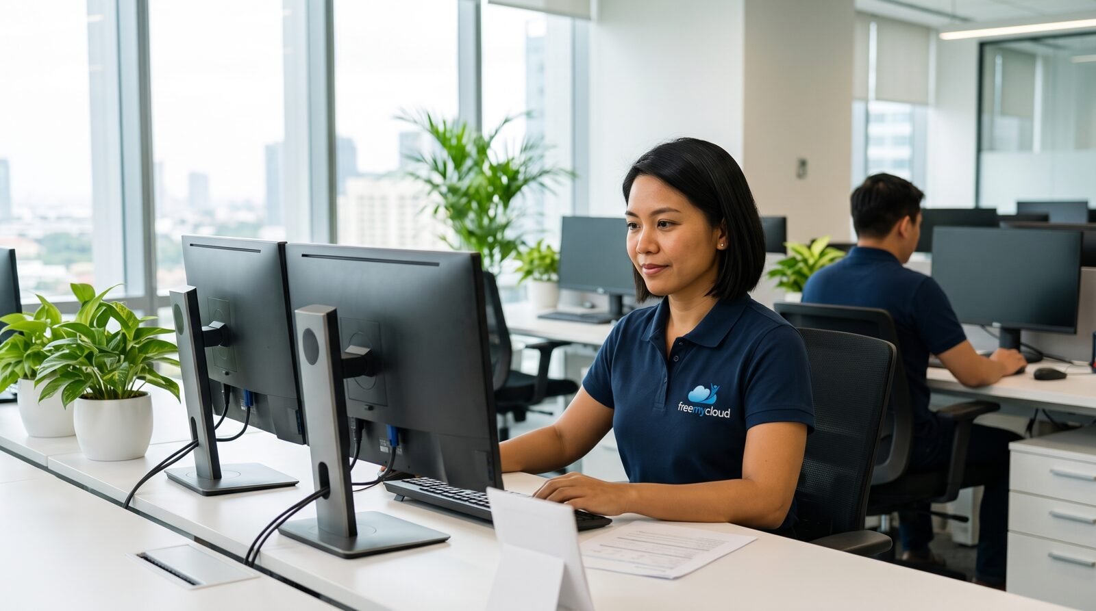 FreeMyCloud accountant in a navy freemycloud polo shirt working at a dual-monitor desk in the bright open-plan Manila office
