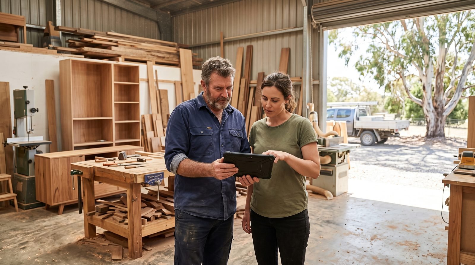 Two Australian business owners standing in a sunlit joinery workshop reviewing bookkeeping figures on a tablet, with a roller door open to a yard and a gum tree outside