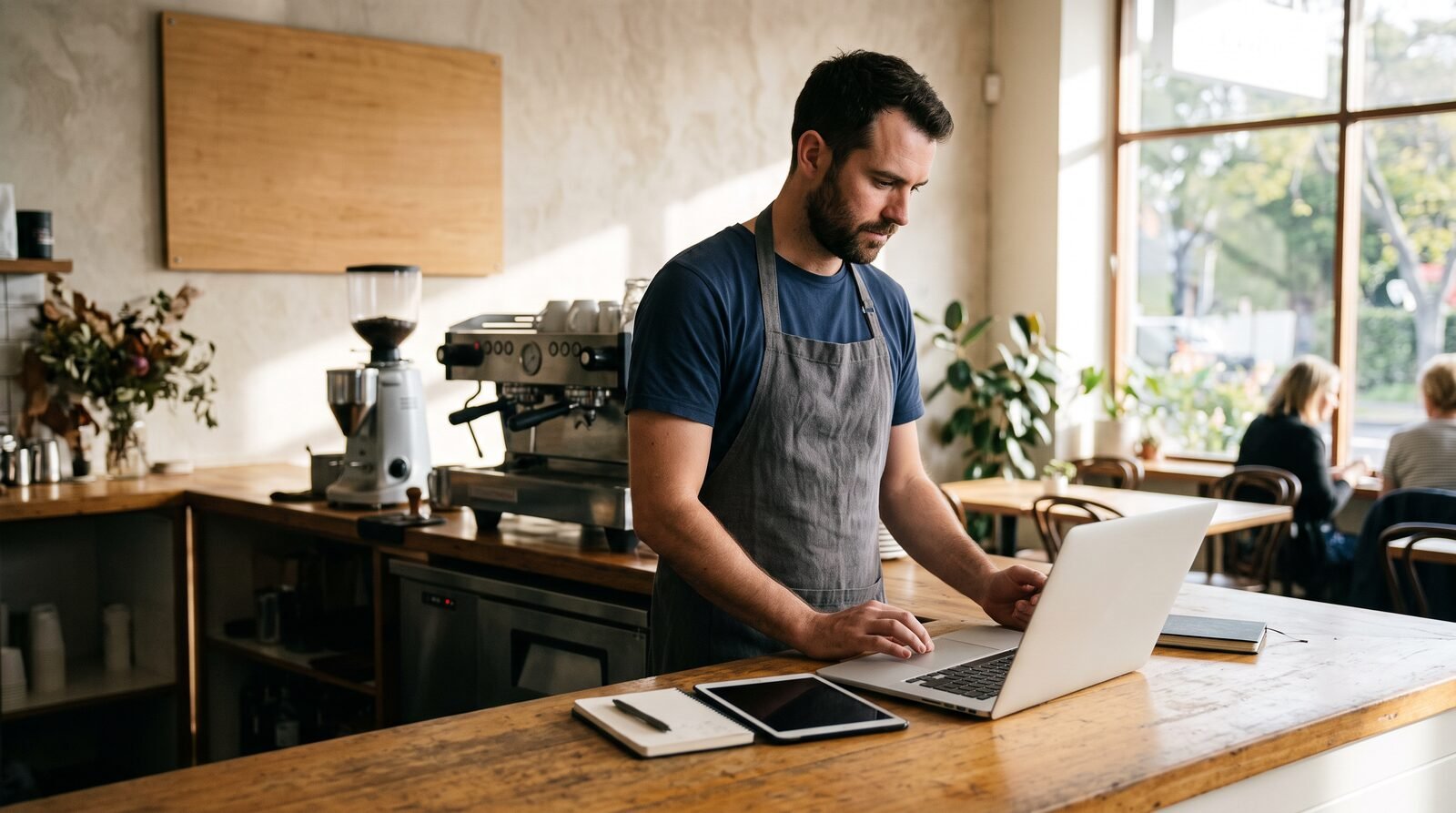 Australian cafe owner going through payroll figures on a laptop and tablet at the end of the cafe counter in the morning
