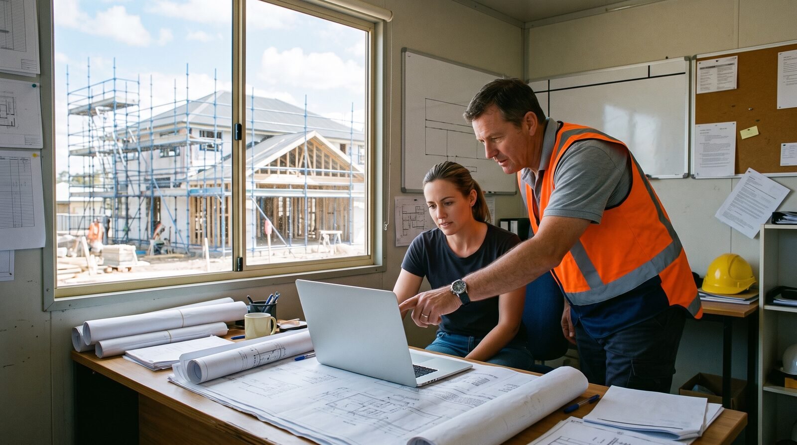 Site supervisor in a hi-vis vest and a colleague reviewing payroll figures on a laptop in an Australian building site office