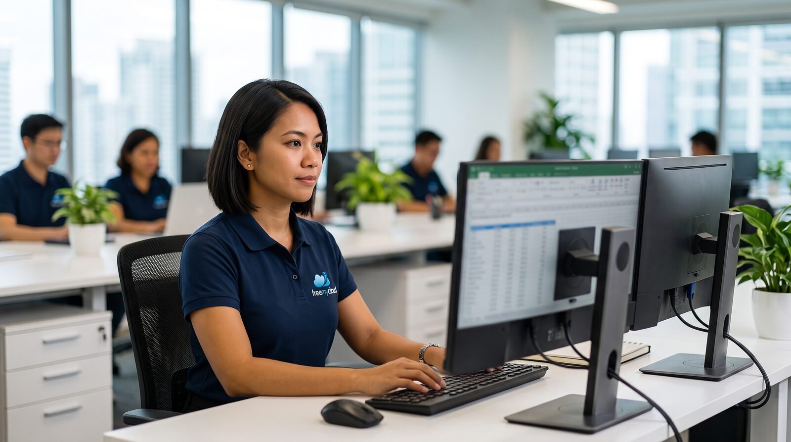 Graduate accountant in a navy freemycloud polo shirt working at a dual-monitor PC in the firm's Manila office