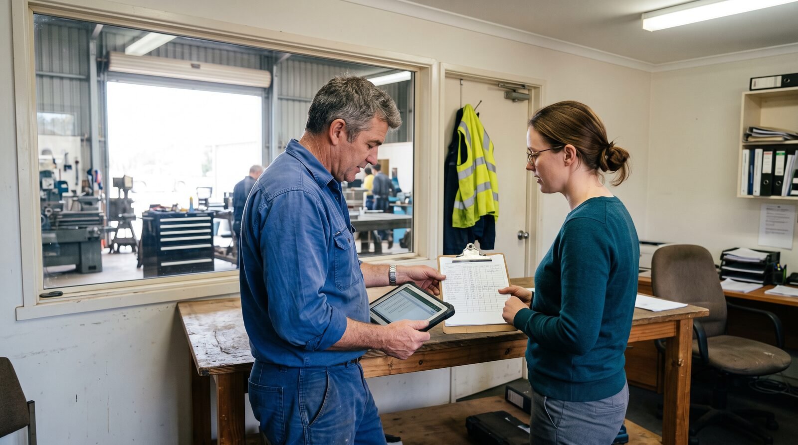 Workshop owner and an office manager checking staff hours on a tablet and clipboard in a small Australian engineering workshop office