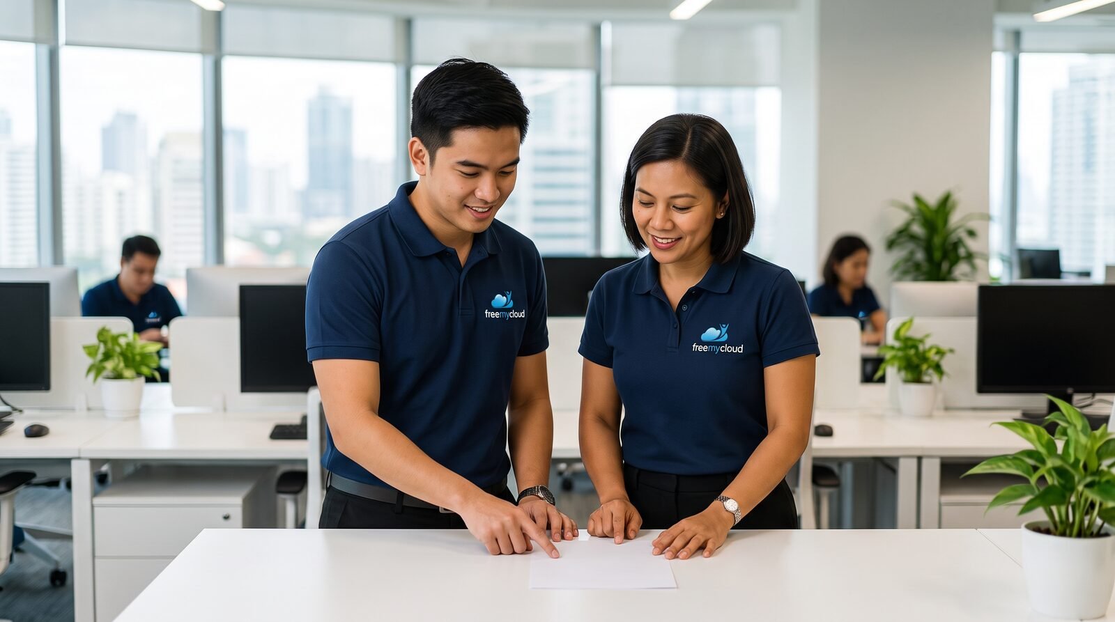 Two FreeMyCloud graduate accountants in navy freemycloud polo shirts reviewing a payroll document together in the firm's Manila office