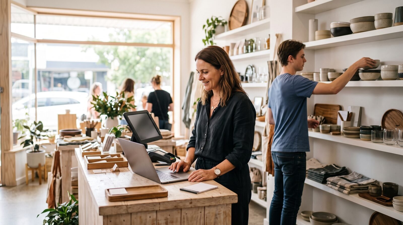 Owner of an Australian homewares shop working at a laptop on the counter while a casual staff member restocks shelves behind her