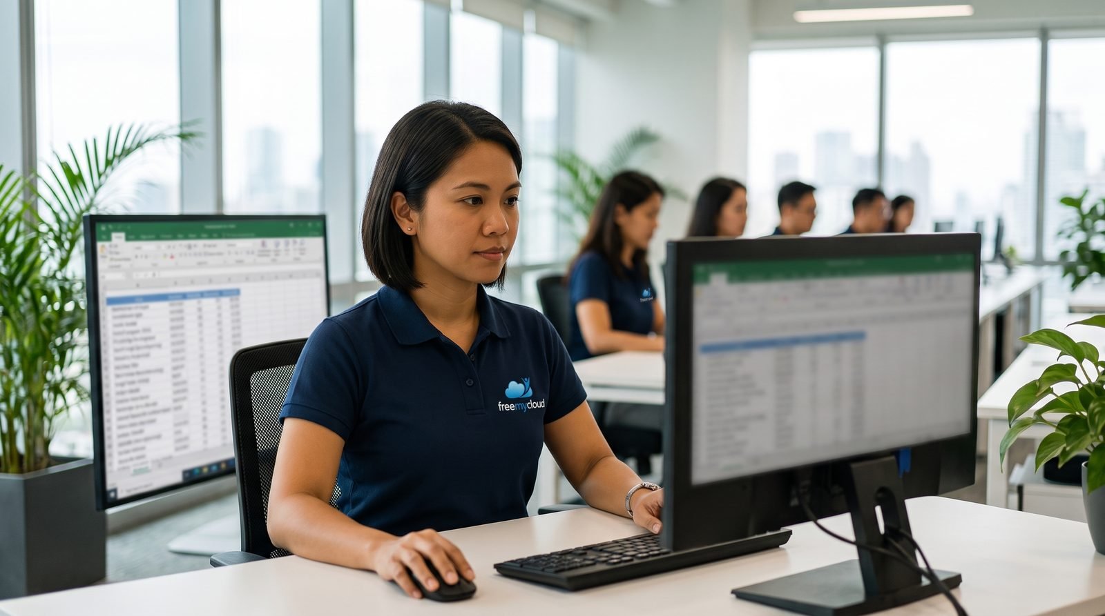 FreeMyCloud graduate accountant in a navy freemycloud polo shirt working at a desktop PC in the bright open-plan Manila office